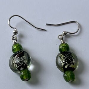 Sterling Silver Handmade Green Glass Bead Dangle Earrings With Fishhook Wires